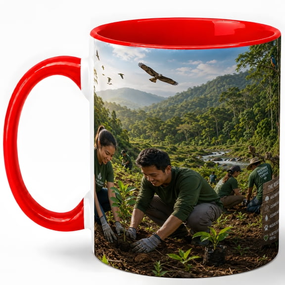 Wildlife Forest Restoration Coffee Mug, Tree Planting Conservation Design, 11 oz Ceramic Cup