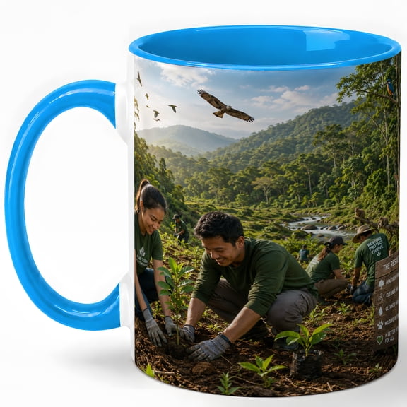 Wildlife Forest Restoration Coffee Mug, Tree Planting Conservation Design, 11 oz Ceramic Cup