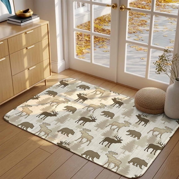 Wildlife Front Door Mat Indoor Entrance, Rustic Brown Moose Bears Pine Trees Silhouette Absorbent Dirt Resist Welcome Mats Non-Slip Low-Profile Doormat Washable Entry Rug Indoor Outdoor 17x30 Inch