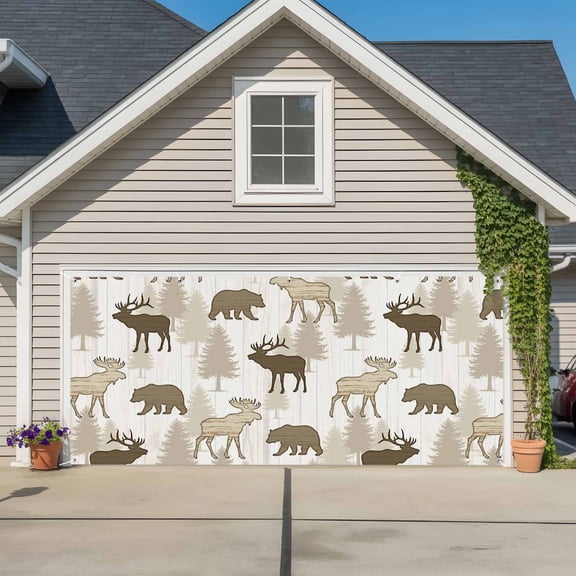 Wildlife Garage Door Banner Covers, Rustic Brown Moose Bears Pine Trees Silhouette Large Hanging Indoor/Outdoor Backdrop Background for Christmas Winter Party Decor, 6.9x16ft