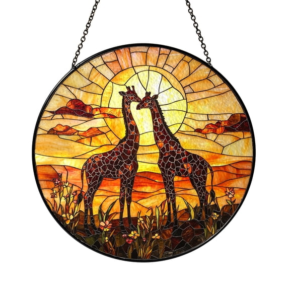 Wildlife Giraffe Pair Stained Glass Style Suncatcher, Decorative Window Hanging Art Panel, Nature Home Accent Gift