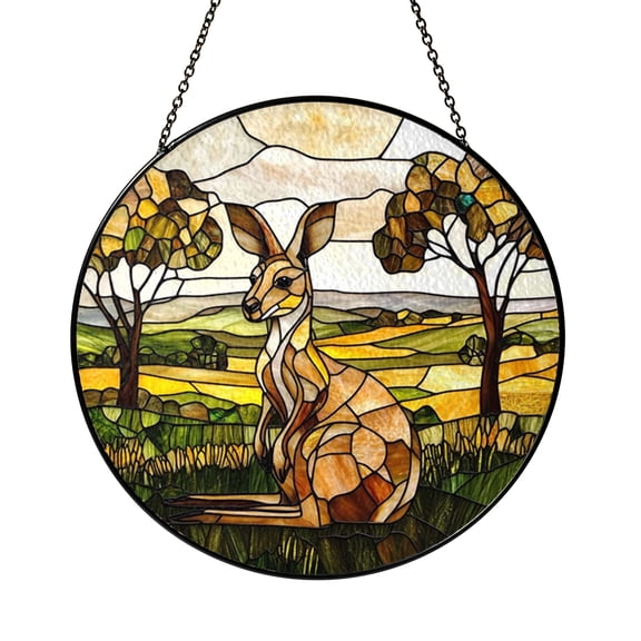 Wildlife Kangaroo Window Panel with Stained Glass Look, Home Window Decor