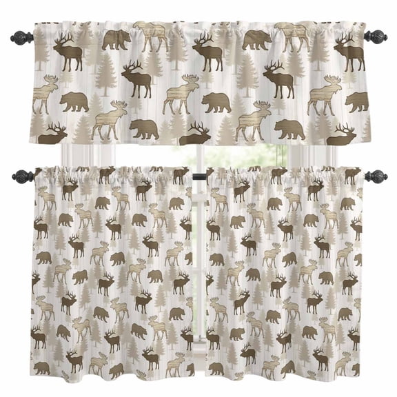 Wildlife Kitchen Curtains Valances 3 Piece Set, Rustic Brown Moose Bears Pine Trees Silhouette Rod Pocket Tier Curtain and Valance Drapes for Small Window 36 Inch Length for Bedroom Cafe