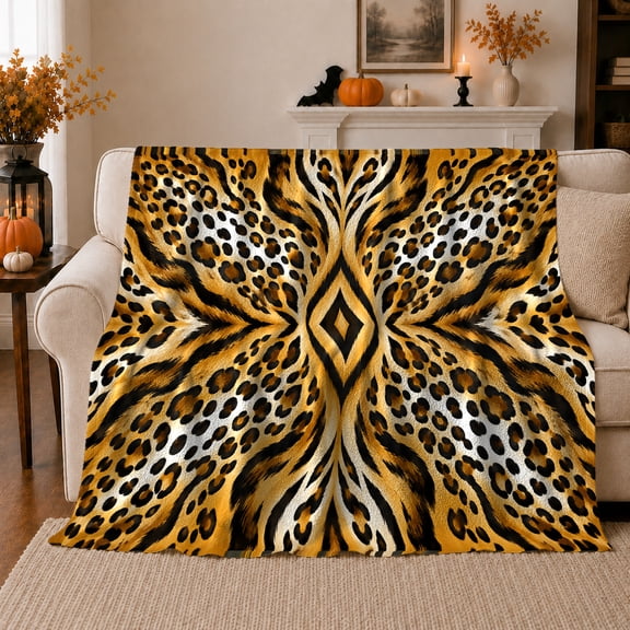 Wildlife Leopard Rosette Tiger Stripe Animal Pattern Art, Dramatic Artistic Scene, Warm Flannel Blanket for Cabin and Lodge, Wildlife Lovers Thanksgiving Gift, Artistic Home Decor