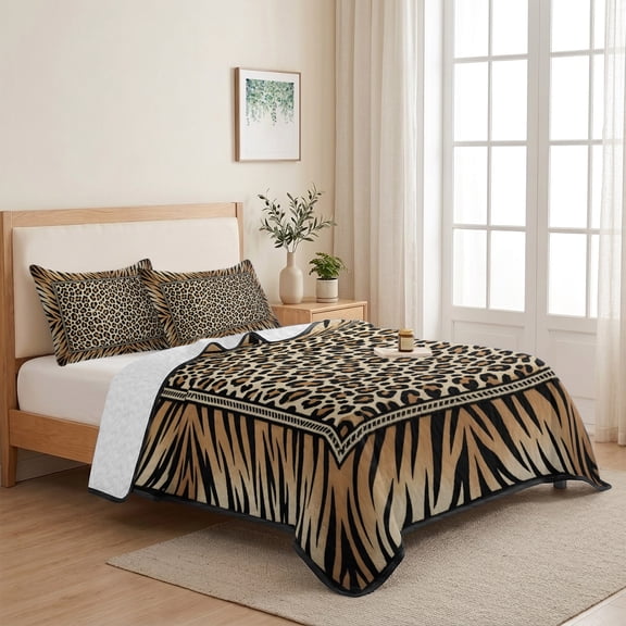Wildlife Leopard Spots Tiger Print 3 Pieces Quilt Set,1 Quilt with 2 Shams,Animal Brown Texture Bedspread Soft Lightweight Bedding Coverlet Comforter Set for All Season 68"x98"