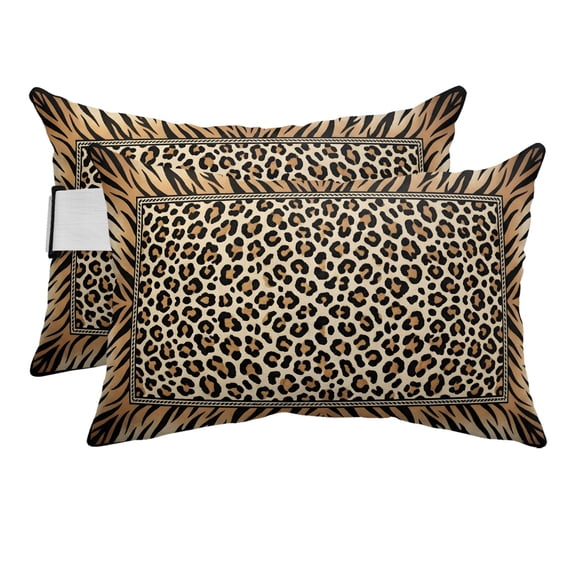 Wildlife Leopard Spots Tiger Print Outdoor Pillow for Chaise Lounge Chair,Animal Pattern Brown Texture Waterproof Headrest Lumbar Pillows with Insert&Elastic Strap for Patio Pool Garden Chairs,2 Pack