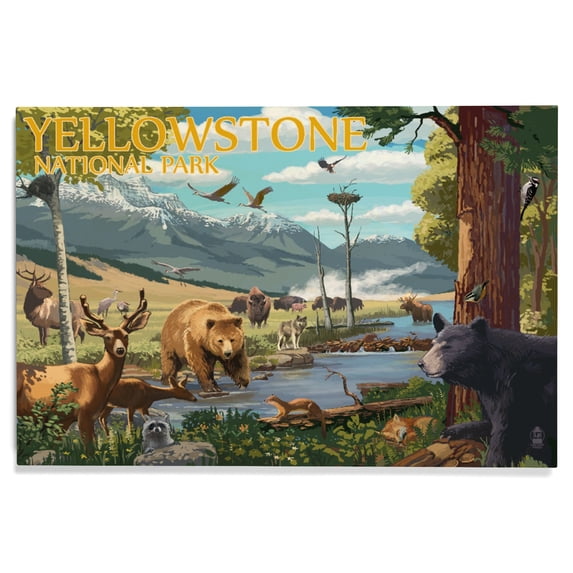 Wildlife Montage, Yellowstone National Park Birch Wood Wall Sign (12x18 Rustic Home Decor, Ready to Hang Art)
