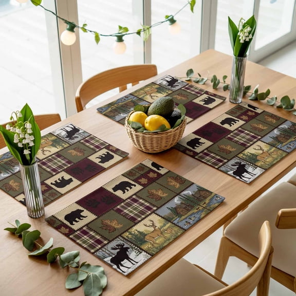 Wildlife Moose Deer Bear Silhouettes Placemats Set of 4,Wipeable Washable Table Mats for Dining Tables, Animal Plaid Place Mats for Kitchen Event Party Tabletop Decor