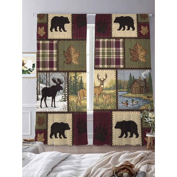 Wildlife Moose Deer Bear Silhouettes Sheer Curtains 2 Panels Set Animal Plaid Lihgt Filtering Rod Pocket Voile Drape,Semi Sheer Window Curtains for Bedroom Living Room,52"x84"