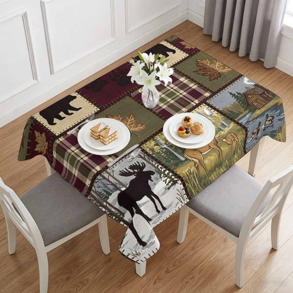 Wildlife Moose Deer Bear Silhouettes Table Cloth 60x84in, Waterproof Rectangle Tablecloth Wipeable Tablecloths Animal Plaid Table Covers for Dining Tables Party Indoor Outdoor