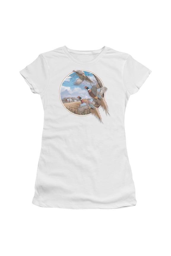 Wildlife - October Memories Pheasants - Juniors Teen Girls Cap Sleeve Shirt - Medium