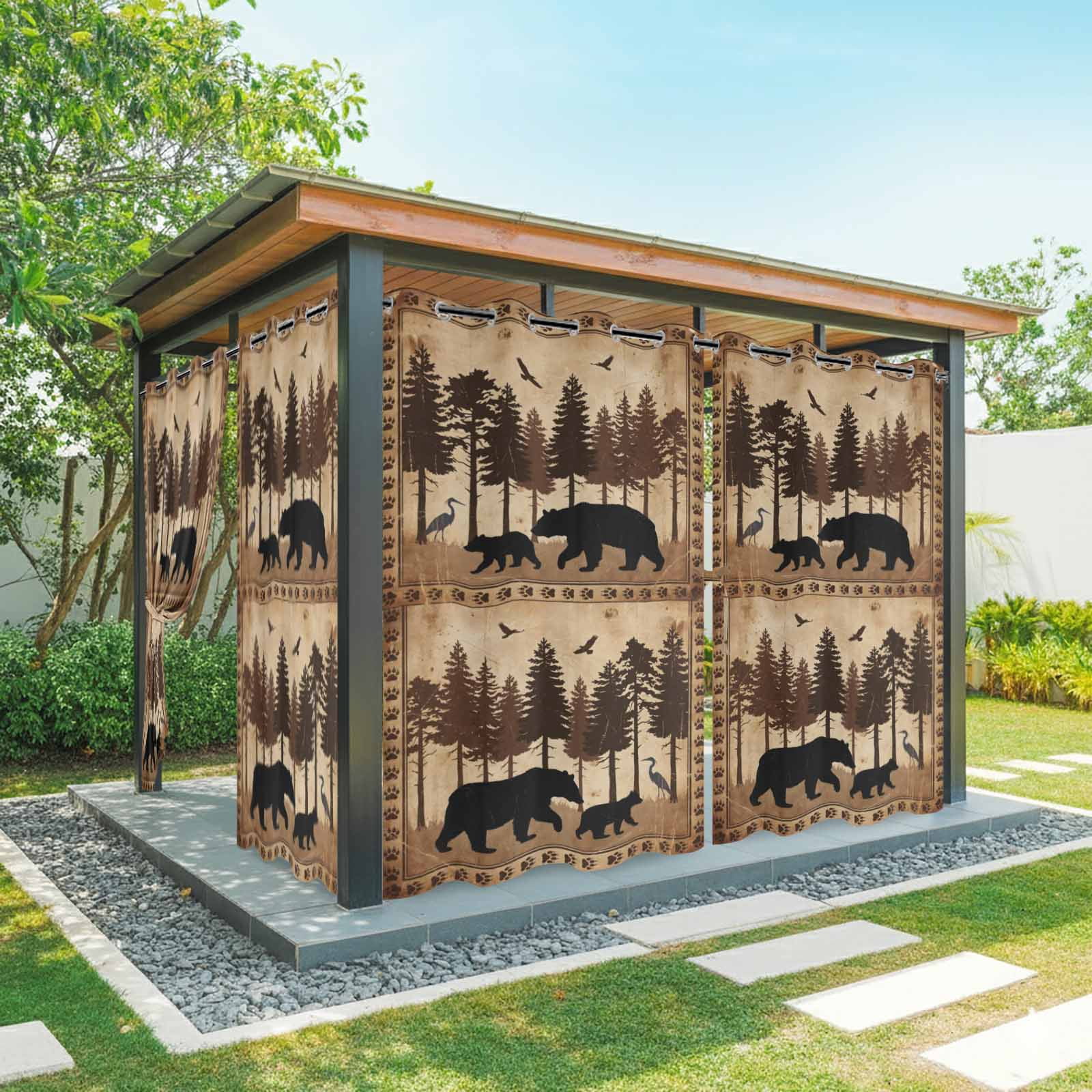 Wildlife Outdoor Curtains for Patio, Rustic Forest Birds Black Bear Silhouettes Sunshade Privacy Drapes Grommet Waterproof Outside Curtains for Porch/Cabana/Balcony 54"x 108", 1 Panel