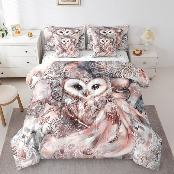 Wildlife Owl Twin Comforter Set 7 Piece Boho Dreamcatcher Bedding Set Animal Bed In A Bag With Sheets Teen,Exotic Tribal Feather Sheet Set With Comforter