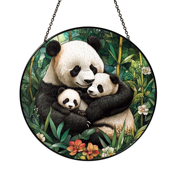 Wildlife Panda Family Stained Glass Window Panel in Circular Design, Heartwarming Nature Decor Accent for Home Display