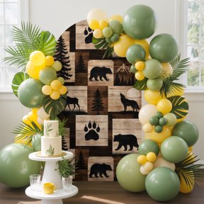 Wildlife Patchwork Arch Backdrop Cover, 5FT, Natural Tan Moose Silhouette Wood Plaid Spandex Arch Covers Double-Sided Backdrop for Wedding Birthday Party Photo Background Decoration