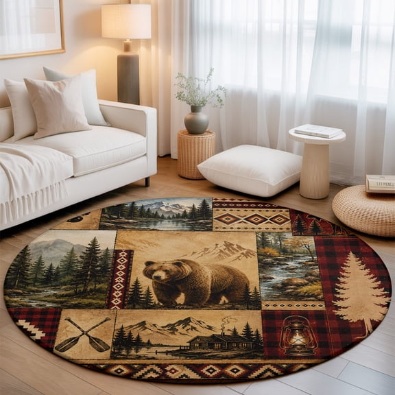 Wildlife Patchwork Rustic Round Area Rug 5 FT, Non Slip Bedroom Area Rug, Country Bears Canbin Forest Washable Soft Circular Carpet Non-Shedding Floor Mat for Kitchen Dining Room Foyer Balcony Dorm