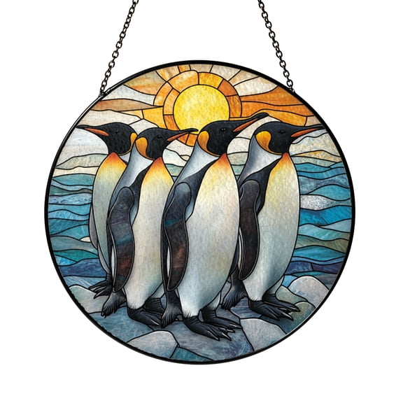 Wildlife Penguin Family Glass Suncatcher Window Decor, Stained Glass Style Panel Art