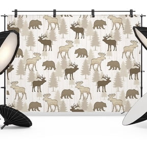 Wildlife Photography Backdrop 7x5FT, Rustic Brown Moose Bears Pine Trees Silhouette Photo Backdrops, Background for Photography Studio Photo Studio Background, Back Drop for Photoshoot