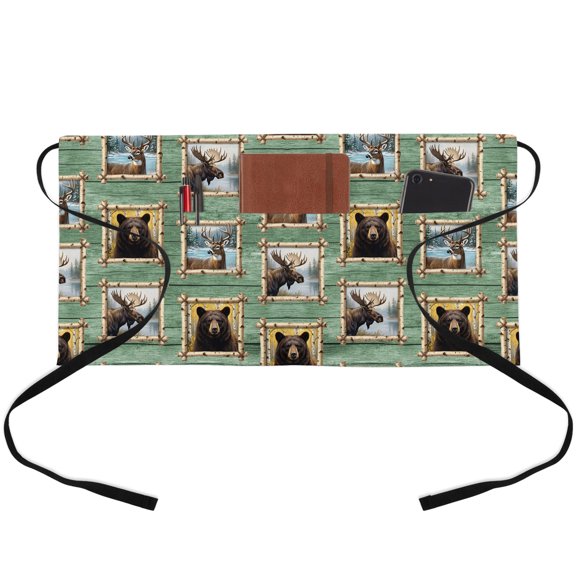 Wildlife Photos Frames Waitress Apron with 3 Pockets, Country Elk Bears Sage Green Server Aprons Waterproof Kitchen Restaurant Half Waist Apron for Men Women