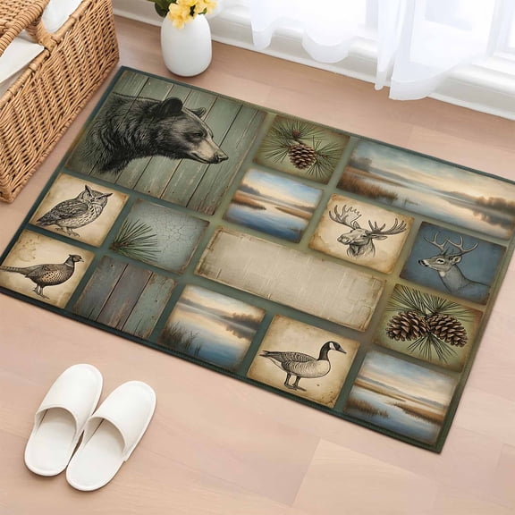 Wildlife Portraits 2'x3' Rug for Entryway Front Door Kitchen Sink Area, Animals Plaid Deer Owl Bear Rustic Brown Pine Cone Low Pile Washable Non Slip Rectangle Area Rug