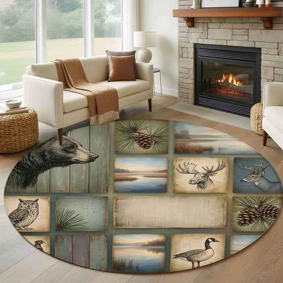 Wildlife Portraits 6FT Round Area Rugs for Living Room Animals Plaid Deer Owl Bear Rustic Brown Pine Cone Ultra-Thin Non-Slip Round Rugs Washable Low Pile Circle Carpet for Bedroom Kitchen Nursery