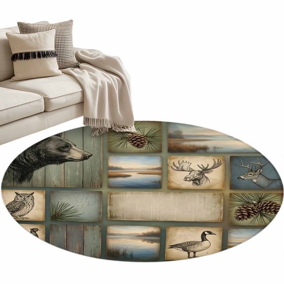 Wildlife Portraits Round Living Room Rugs 4 ft, Animals Plaid Deer Owl Bear Rustic Brown Pine Cone Washable Area Rug with Non-Slip Edge Binding Round Carpet for Entryway Kitchen Bedroom Bathroom
