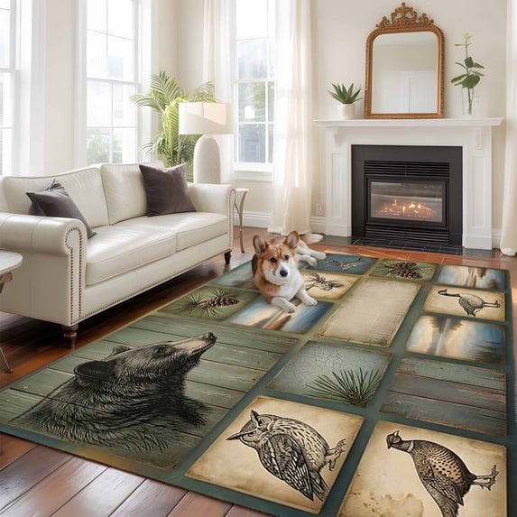 Wildlife Portraits Washable Area Rug 8x10 Animals Plaid Deer Owl Bear Rustic Brown Pine Cone Low-Profile Large Area Rugs with Non Slip Backing Indoor Floor Carpet for Entrance Living Room Bedroom