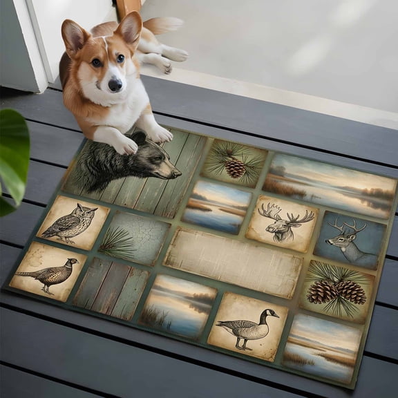 Wildlife Portraits Washable Entry Rug 2x3 Animals Plaid Deer Owl Bear Rustic Brown Pine Cone Low-Profile Area Rugs with Non Slip Backing Indoor Floor Carpet for Entrance Living Room Bedroom