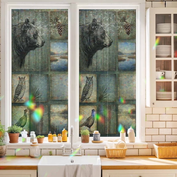 Wildlife Portraits Window Privacy Film Animals Plaid Deer Owl Bear Rustic Brown Pine Cone Static Cling Stained Glass Window Film Non-Adhesive Decorative Decals Rainbow Sticker 17.7"X39.3"