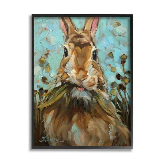 Wildlife Rabbit Eating Grass Animals & Insects Painting Black Framed Art Print Wall Art