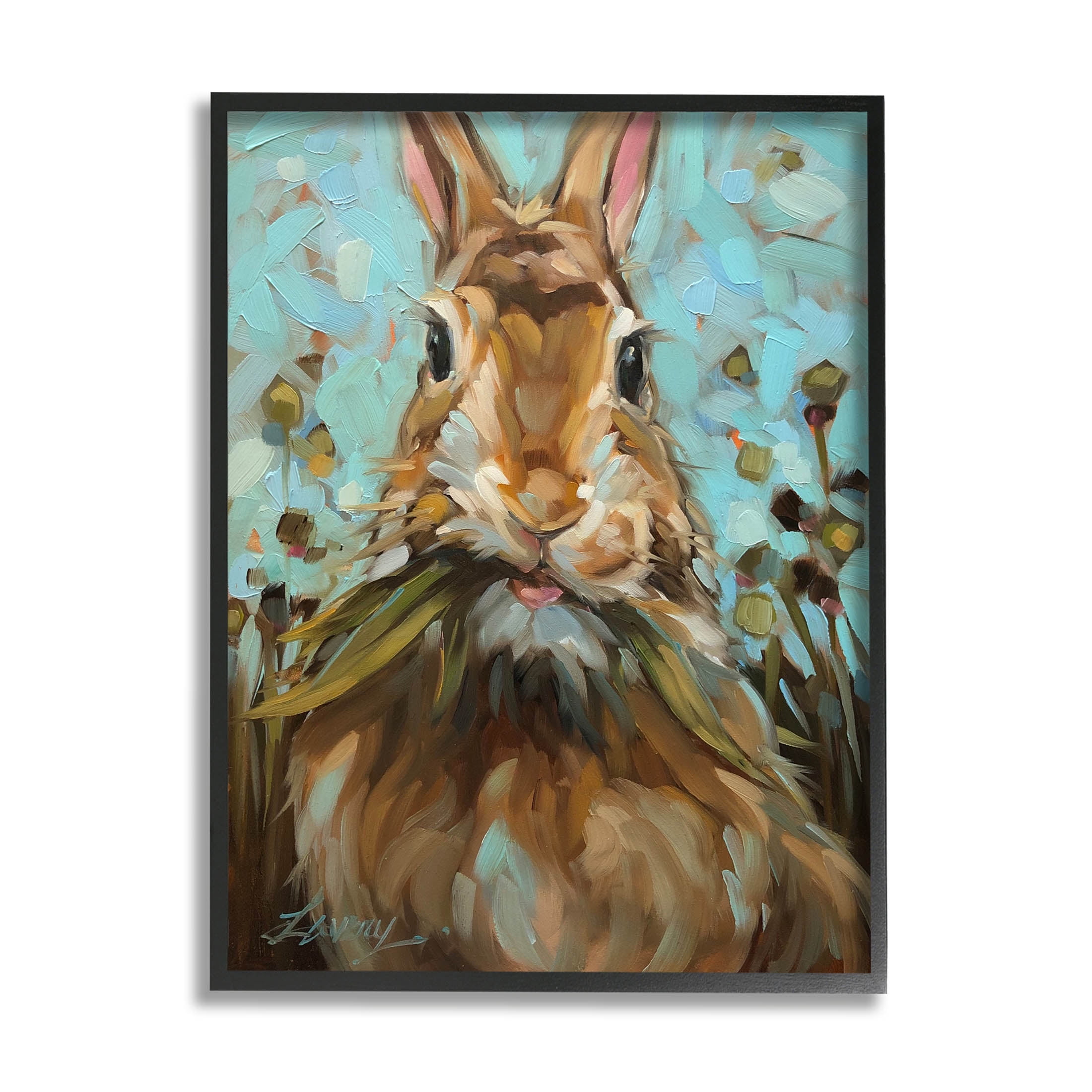 Wildlife Rabbit Eating Grass Print on Canvas with Black Frame
