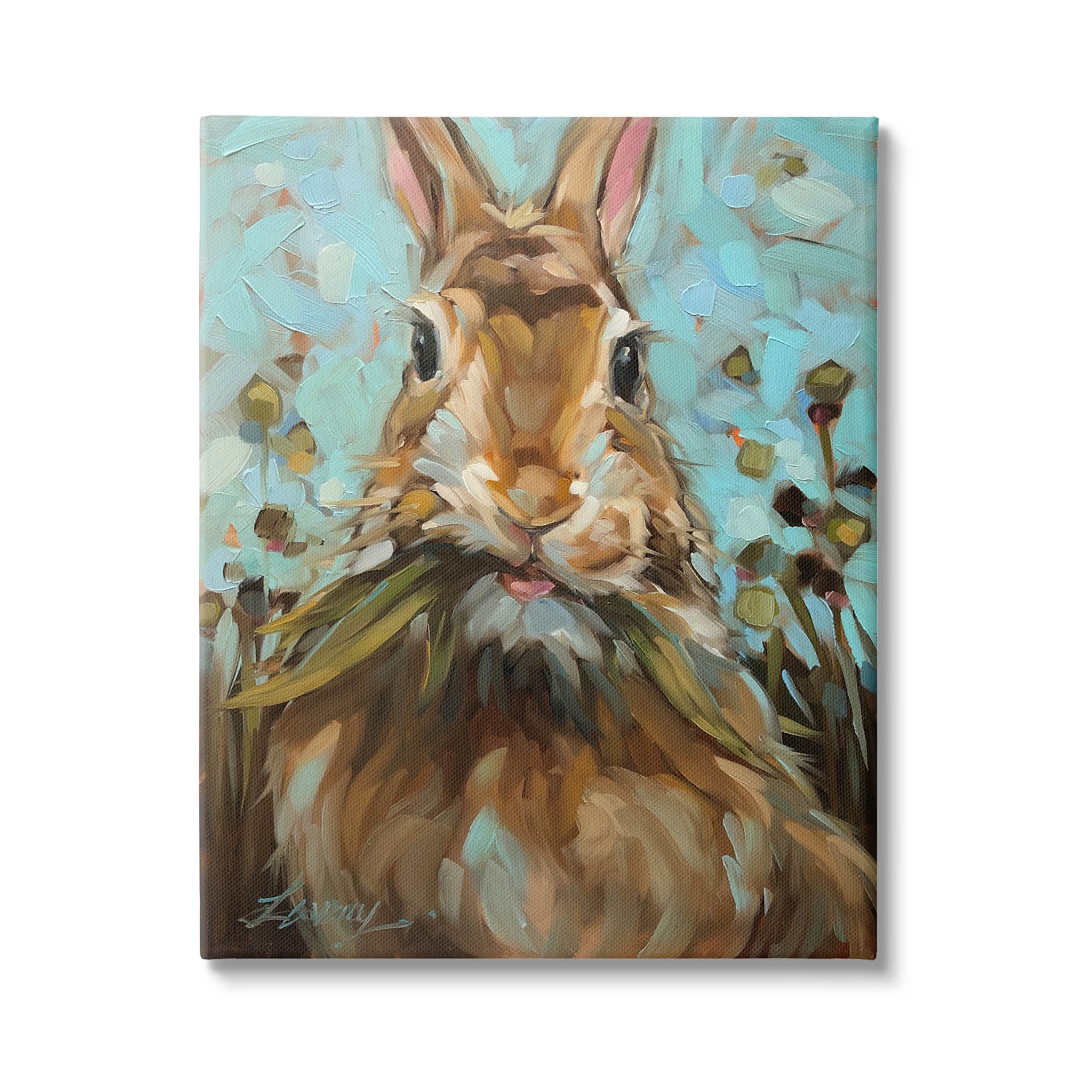Wildlife Rabbit Eating Grass Animals & Insects Painting Gallery Wrapped Canvas Print Wall Art