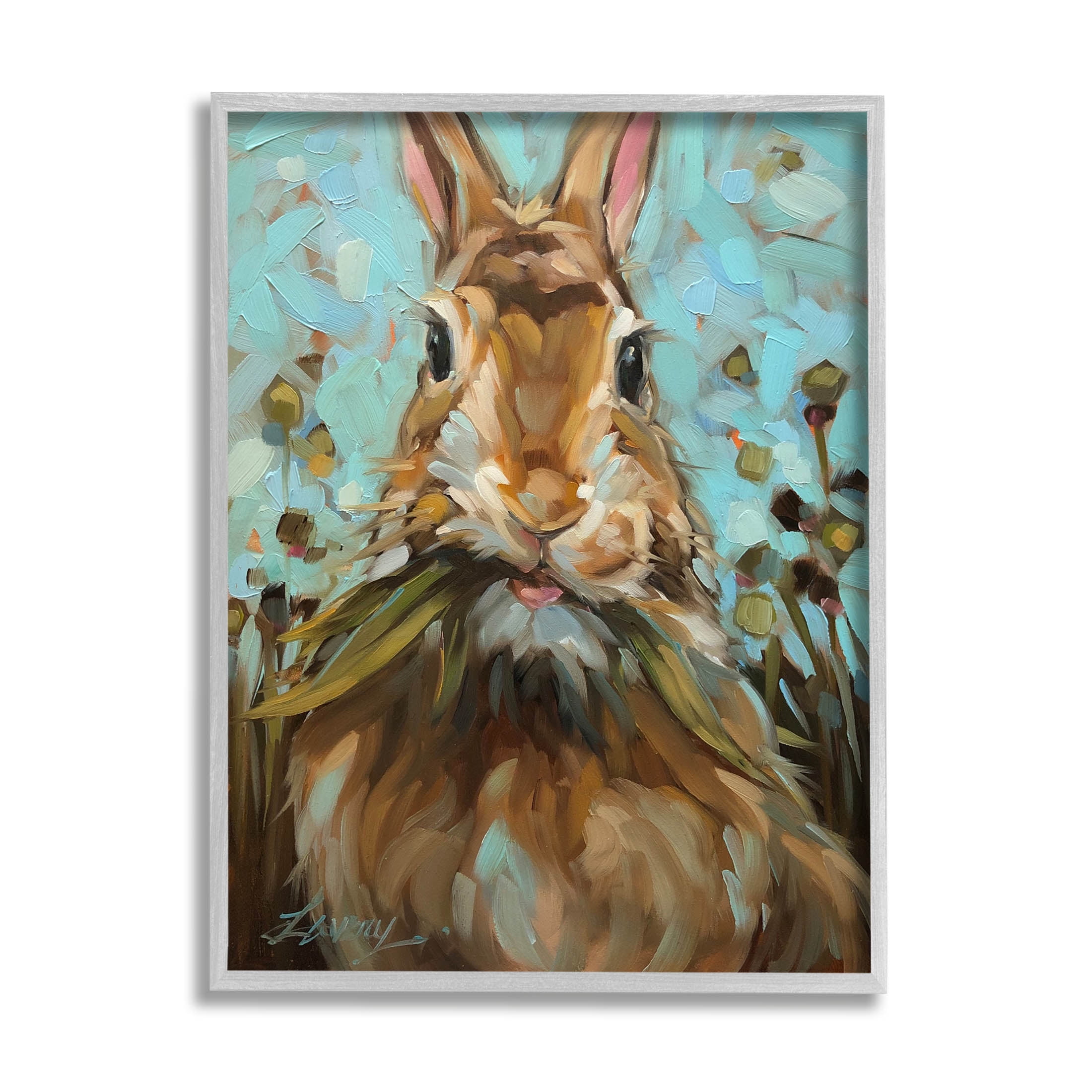 Wildlife Rabbit Eating Grass Animals & Insects Painting Gray Framed Art Print Wall Art