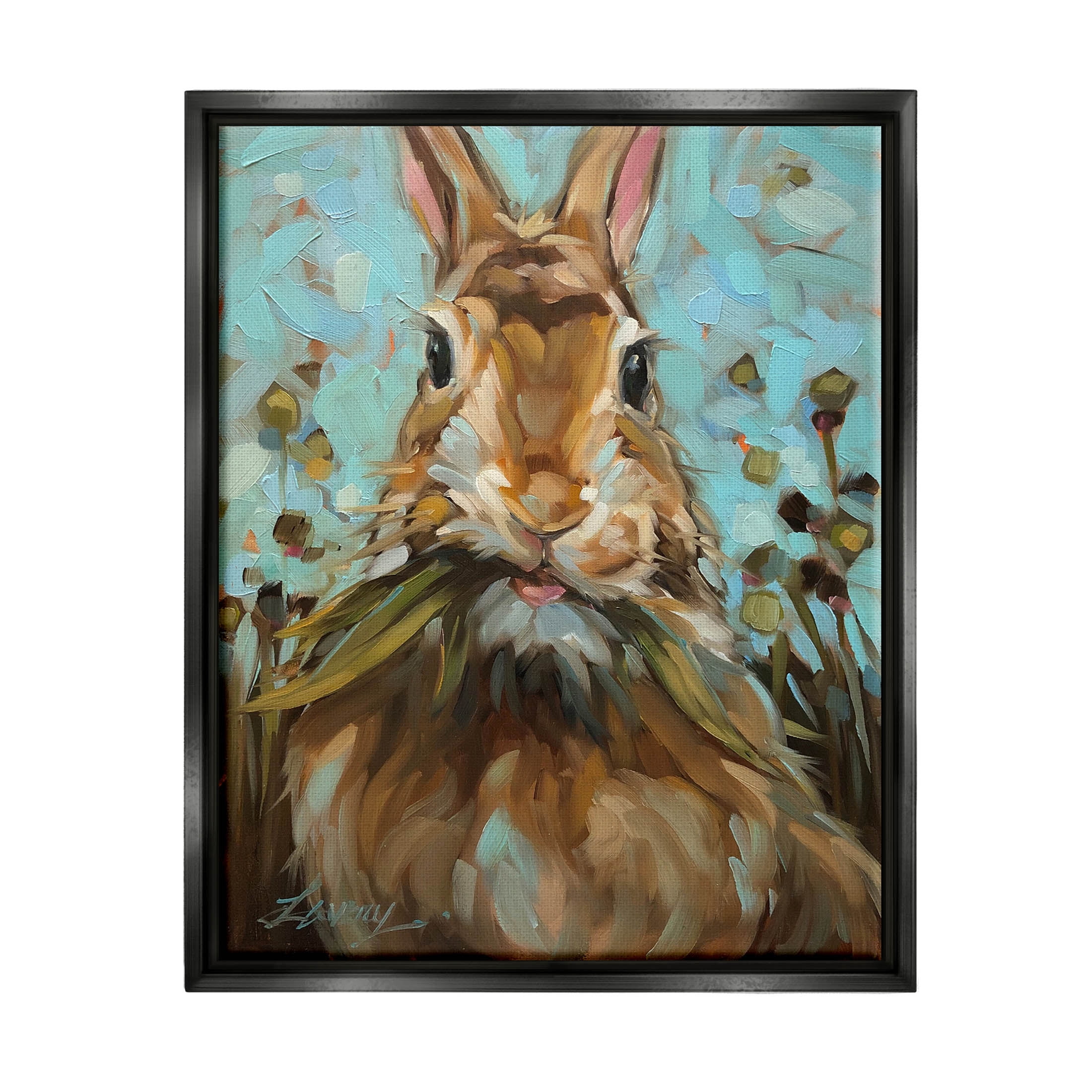Wildlife Rabbit Eating Grass Animals & Insects Painting Jet Black Framed Art Print Wall Art