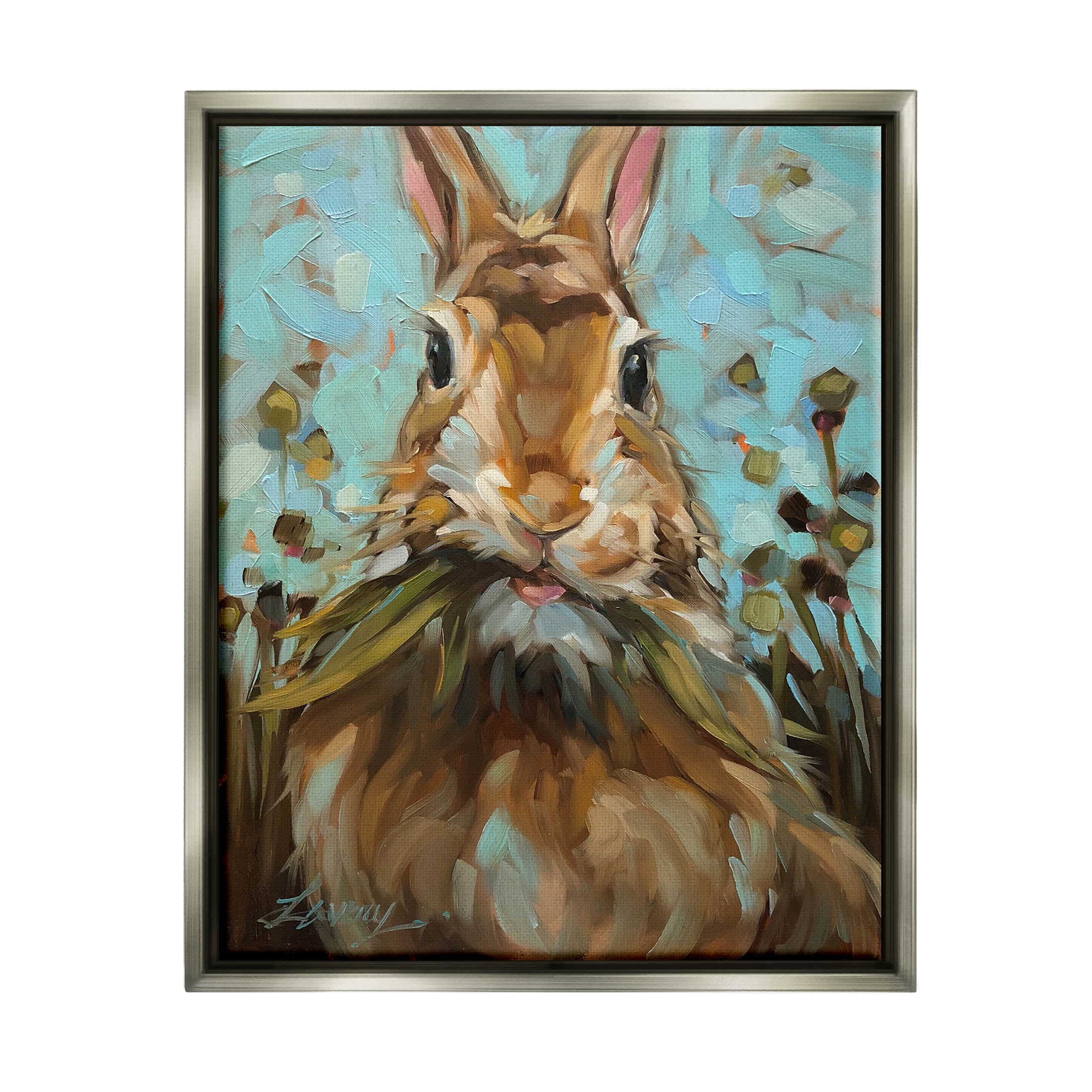 Wildlife Rabbit Eating Grass Animals & Insects Painting Luster Gray Framed Art Print Wall Art