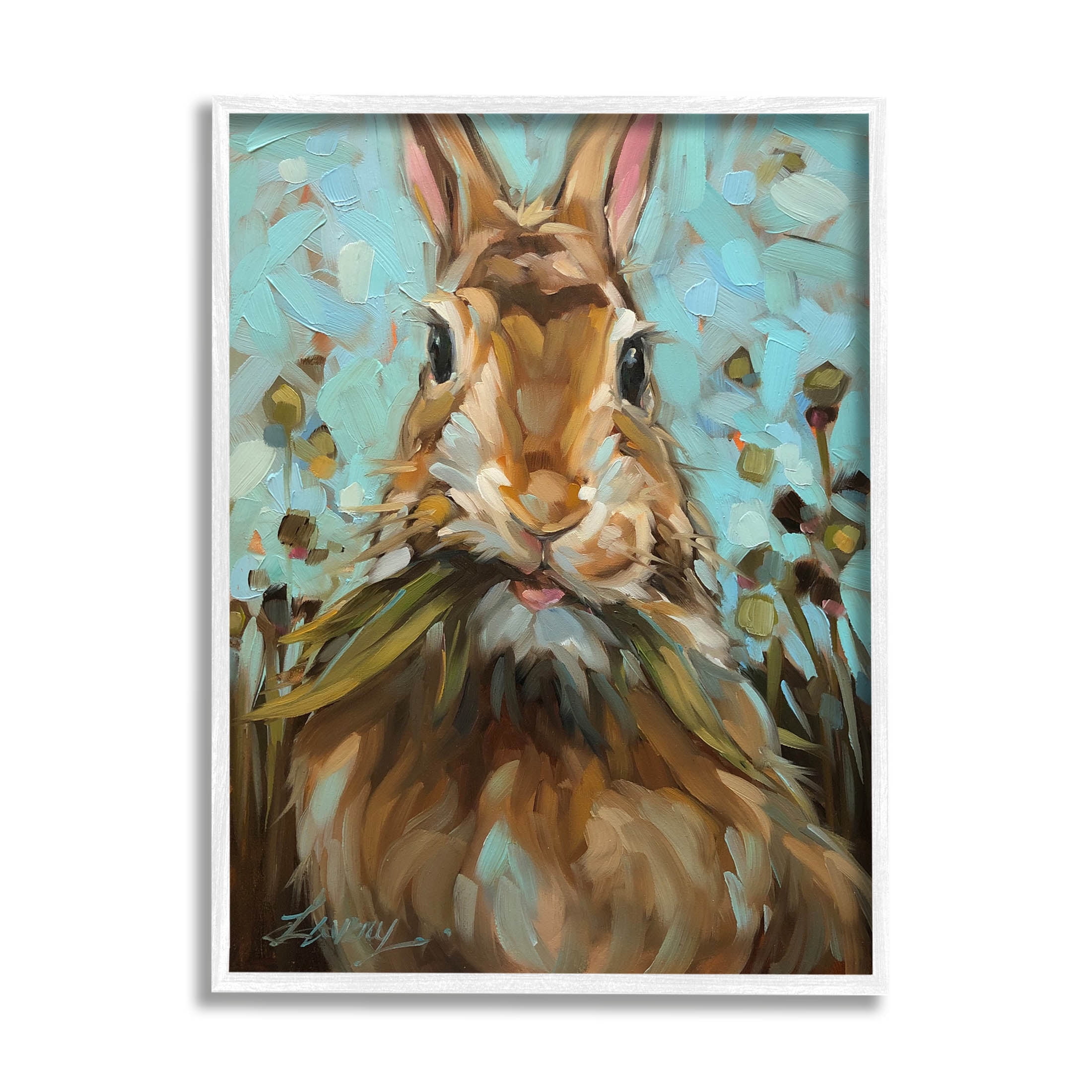 Wildlife Rabbit Eating Grass Animals & Insects Painting White Framed Art Print Wall Art