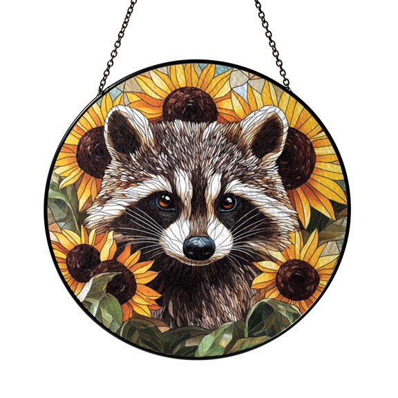 Wildlife Raccoon with Sunflower Stained Glass Window Art, Rustic Nature Decor for Living Spaces