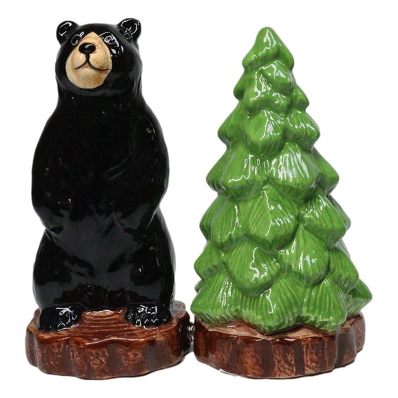 Wildlife Rustic Forest Black Bear And Pine Tree Ceramic Salt Pepper Shakers Set