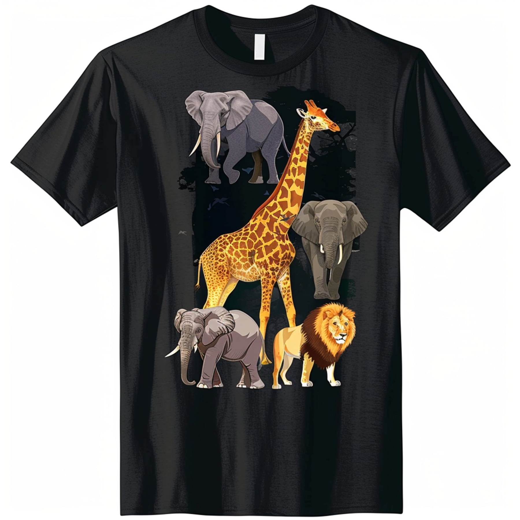 Wildlife Safari Graphic Black Tee Elephant Giraffe Lion Design Jungle Savanna Print Men's/Women's Fashion Shirt