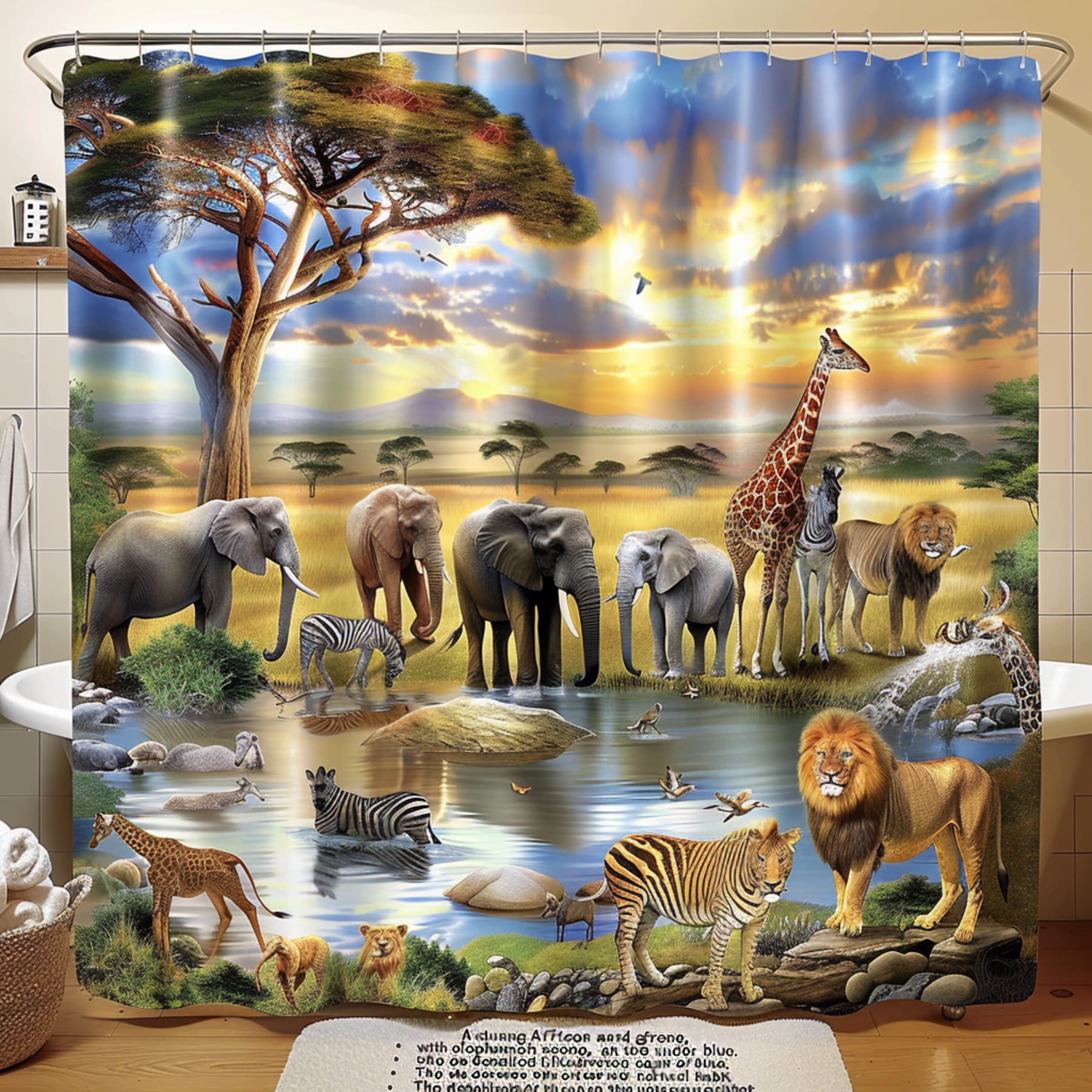 Wildlife Safari Shower Curtain African Savannah Elephants Giraffes