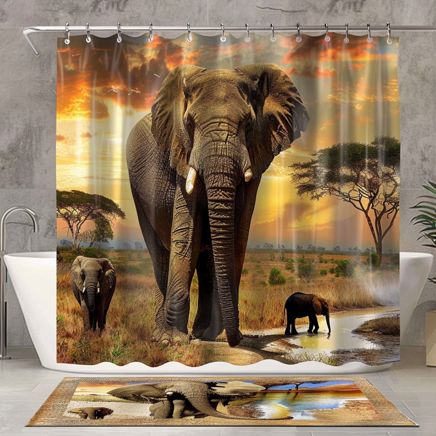 Wildlife Safari Shower Curtain Set African Elephant & Savanna Animals