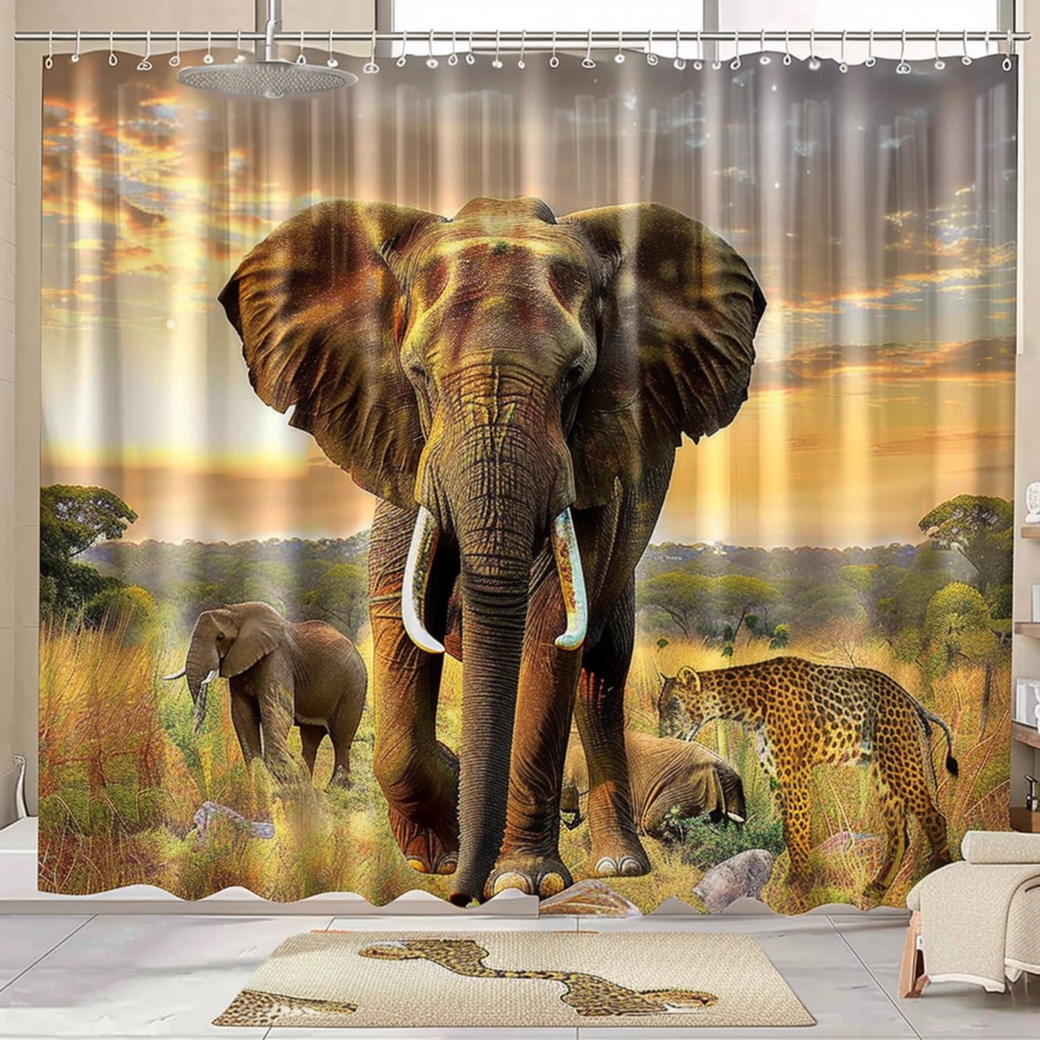 Wildlife Safari Shower Curtain Set African Elephant & Savanna Animals ...