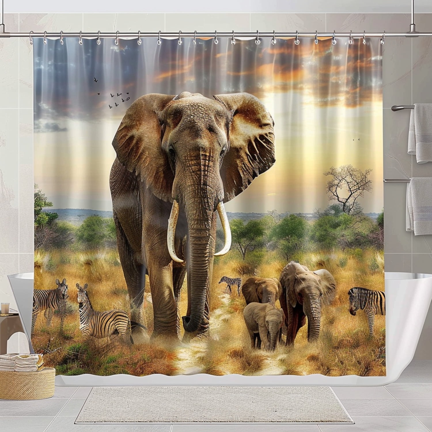 Wildlife Safari Shower Curtain Set African Elephant Theme for Bathroom