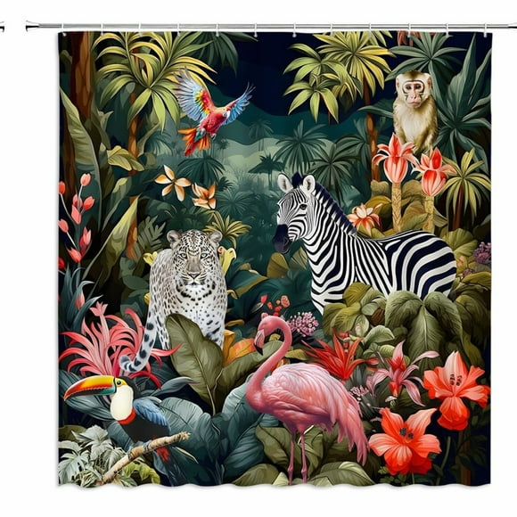 Wildlife Safari Shower Curtain - Tropical Jungle Forest with Leopard, Flamingo, Zebra, Parrot, Palm Leaf, and Green Plant Design for Bathroom Decor