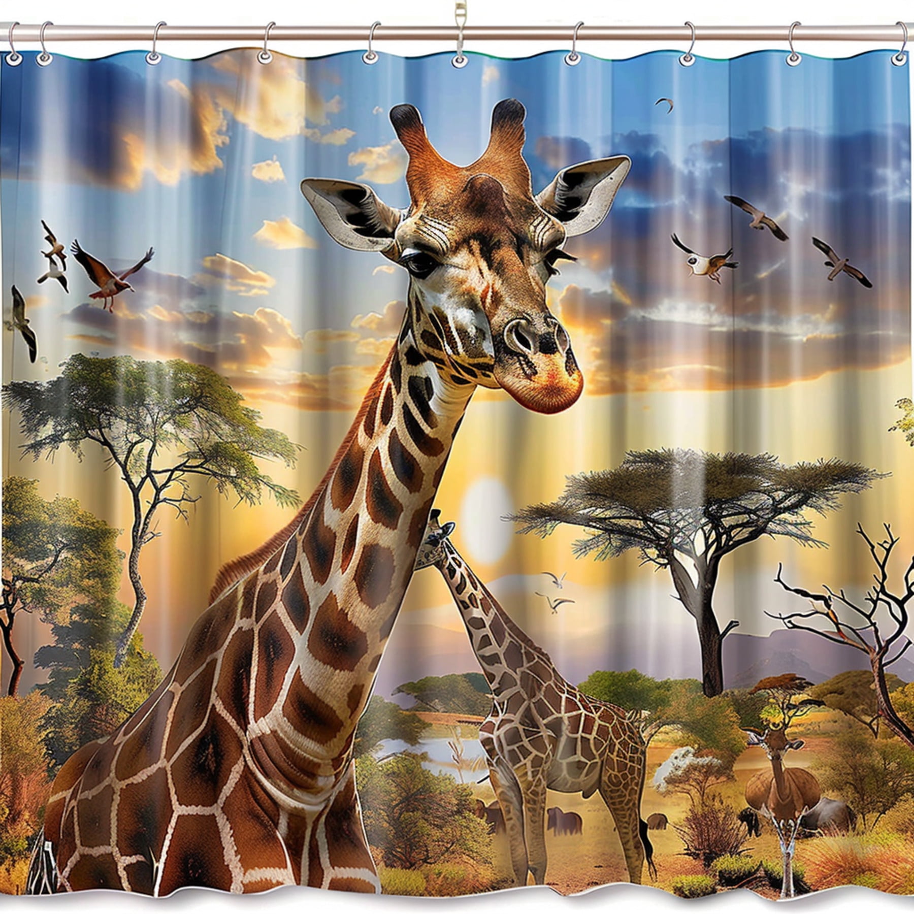 Wildlife Safari Shower Curtain with Realistic Giraffe & African Savanna