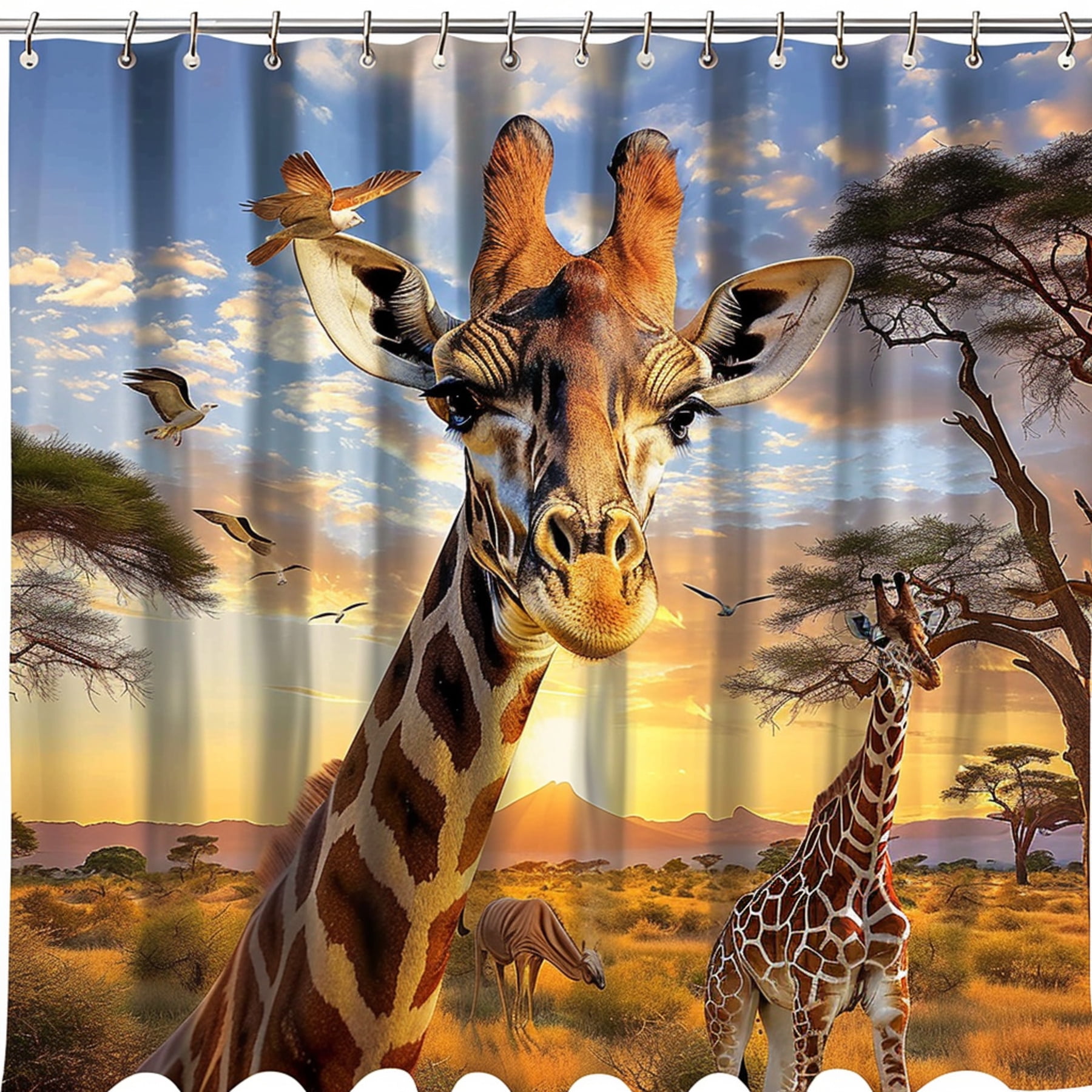 Wildlife Safari Shower Curtain with Realistic Giraffe & African Savanna ...
