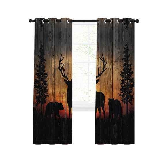 Wildlife Scene Blackout Curtains for Bedroom Living Room, Nature Deer Bear Pine Trees Silhouette Sunset 39 In Long Thermal Insulated Room Darkening Drapes Grommet Window Treatments, 27.5 x 39 In
