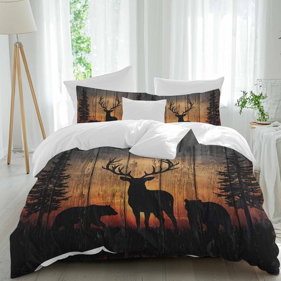 Wildlife Scene California King Duvet Cover Set, Nature Deer Bear Pine Trees Silhouette Sunset 4 Piece Microfiber Bedding Set with Zipper Closure, Bed Sheet and 2 Pillow Shams, Soft Bedding Cover