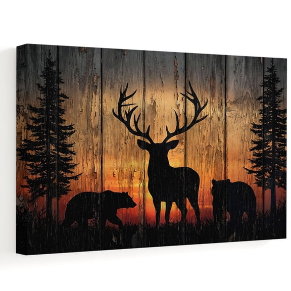 Wildlife Scene Canvas Wall Art 10" x 8" Nature Deer Bear Pine Trees Silhouette Sunset Frame Picture Prints, Ready to Hang Waterproof Artwork Decor for Bathroom, Kitchen Small Wall Spaces
