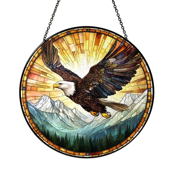 Wildlife Scene Glass Window Panel with Eagle and Mountain View Design, Decorative Light Catching Art for Home Window Spaces and Nature Themed Interior Aesthetic